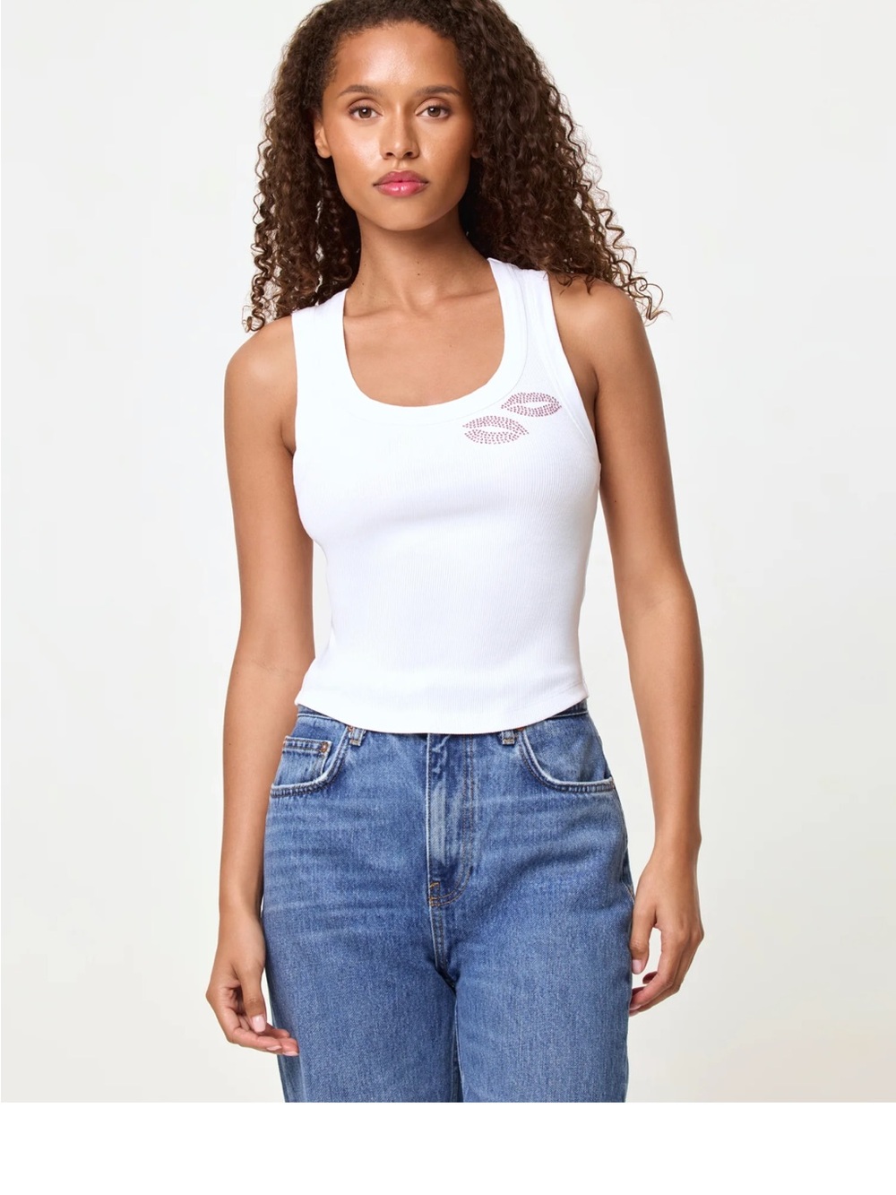 l*space White Ribbed Tank Top with Pink Rhinestone Lip Detail Festive Girly S/M